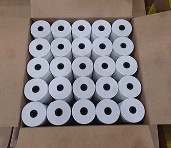 open box displaying 25 rolls of pos paper