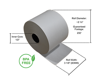 single point of sale roll displaying roll dimensions and bpa free logo displayed