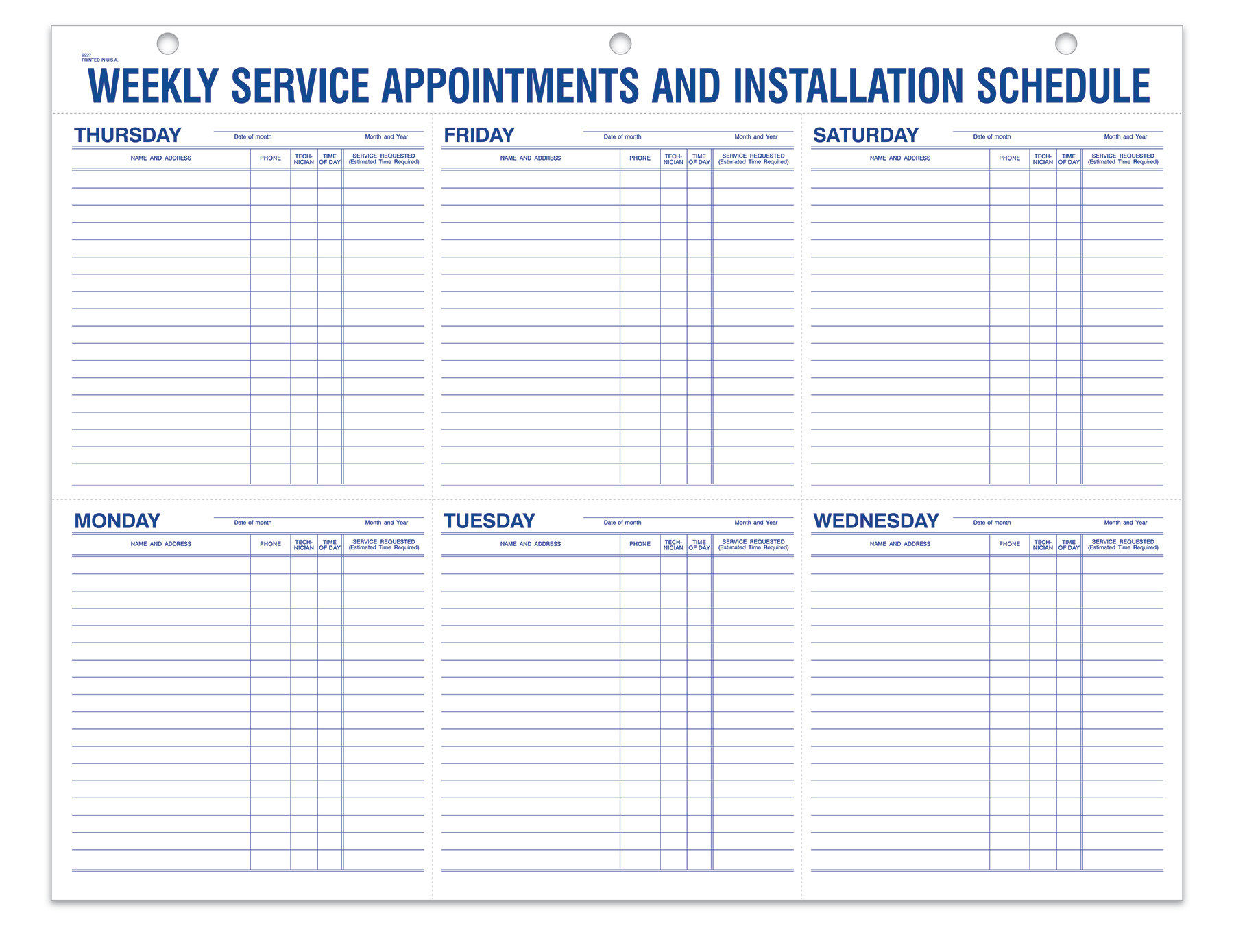 Weekly service appointment & installation sheets (form 9927)