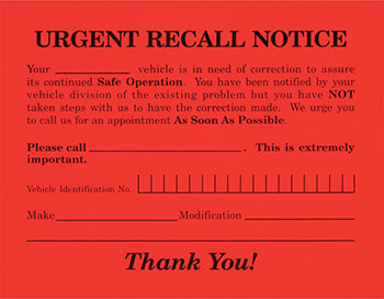 Urgent recall notice - stock - form rt-6