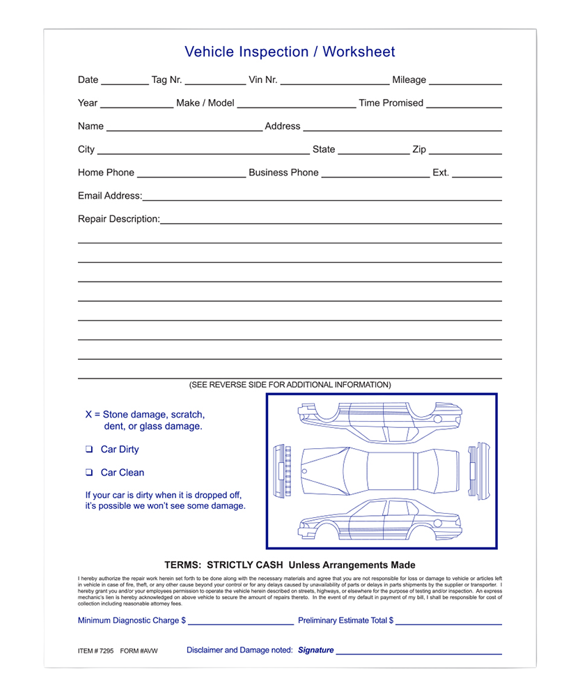 TruForm™ Brand - Vehicle Inspection Worksheet - Form AVW