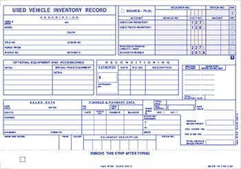 Vehicle inventory cards - used - form duas-305-2