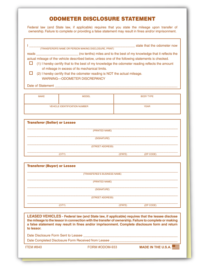 Truform™ brand - odometer disclosure statements - form ODOM-933