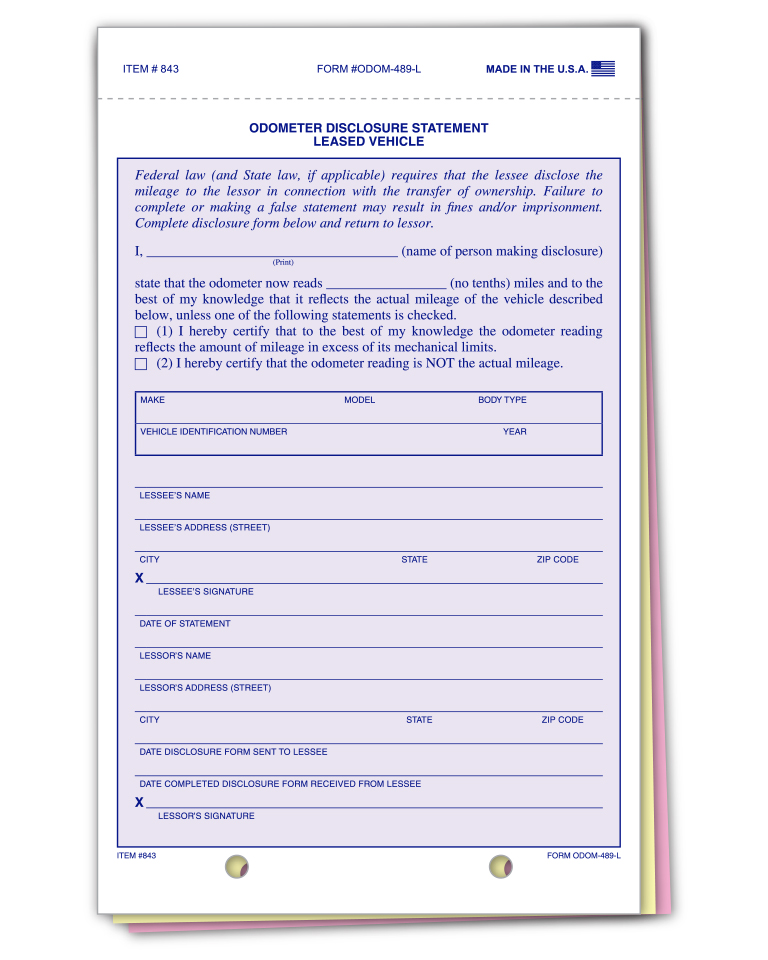 Truform™ brand - lease odometer statement - form odom-489-l