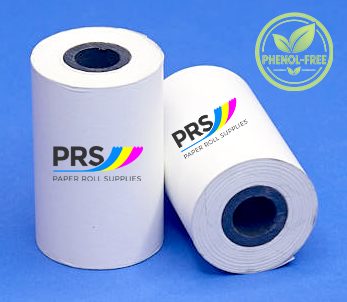 Two white paper roll supplies standing on a blue background, with the PRS logo printed on both rolls. A circular 'Phenol-Free' badge is visible in the top right corner.