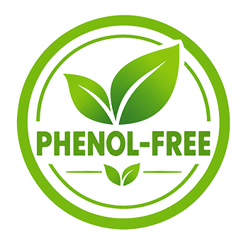 Round lime green logo with a leave in the middle and reads phenol-free