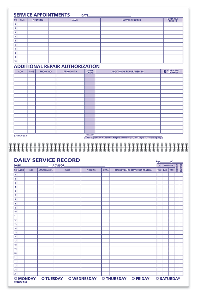 Daily service record book - spiral bound (form dsr)