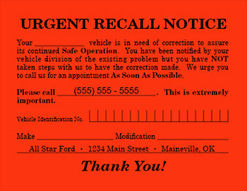 Urgent recall notice - custom imprinted