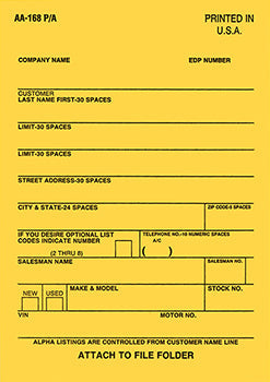 Vehicle deal labels - label aa-168 p/a