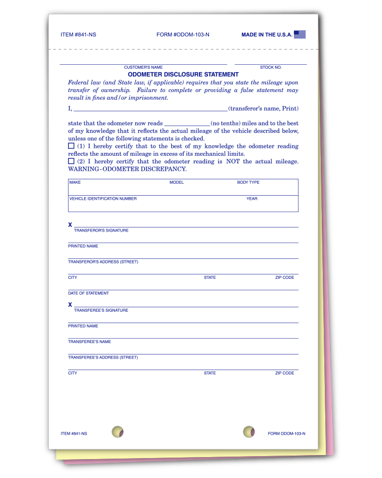 Truform™ brand - odometer disclosure statements - form ODOM-103-N