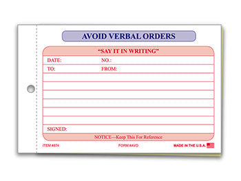 Avoid verbal orders book - form AVO