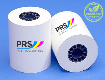 Two white rolls of thermal paper or receipt paper with black spools, branded with 'PRS Paper Roll Supplies' on a blue background, with a green 'Plant Based' logo in the top right corner.