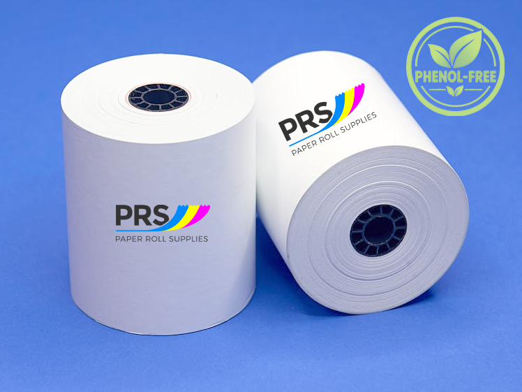 2 rolls of point of sale paper on blue background. PRS - Paper Roll Supplies logo visible on each roll. On the top right of the image is a Green circular  badge containing leaf graphic and reads 'PHENOL-FREE'