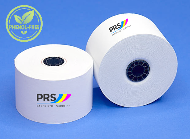 Two white PRS paper roll supplies on a blue background, one standing upright and one lying on its side, with a green 'PHENOL-FREE' badge in the top-left corner.