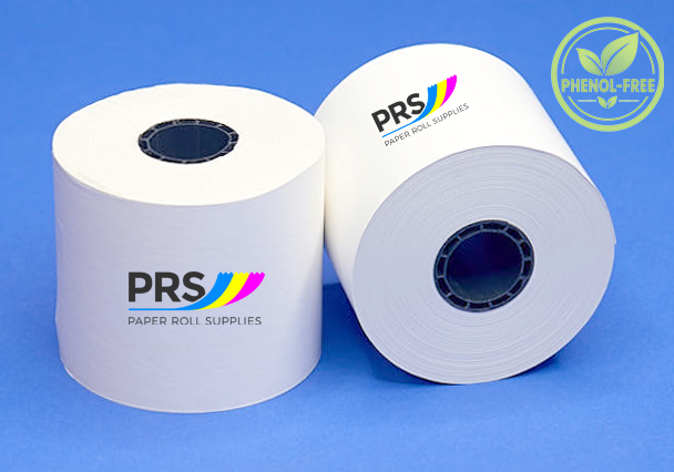 Two white PRS paper roll supplies on a blue background, with a green PHENOL-FREE badge in the top right corner.
