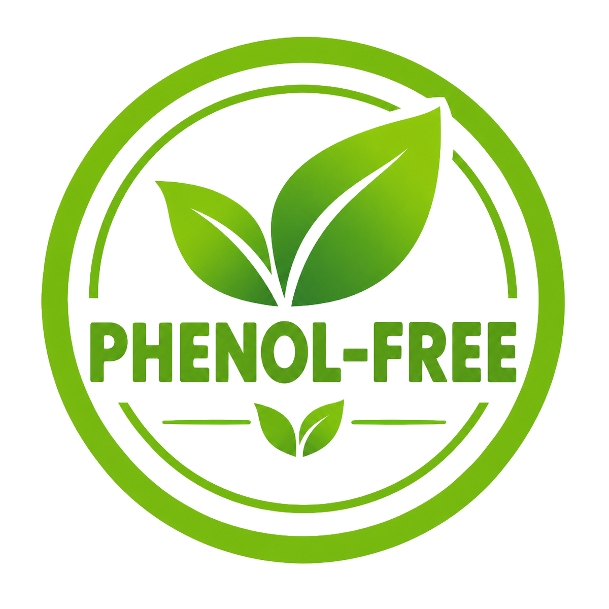 Round lime green logo with a leave in the middle and reads 'PHENOL-FREE'